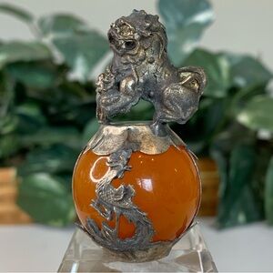 Chinese Miniature Tibetan Silver Foo Dog Carnelian Amber Stone Orb Signed VTG